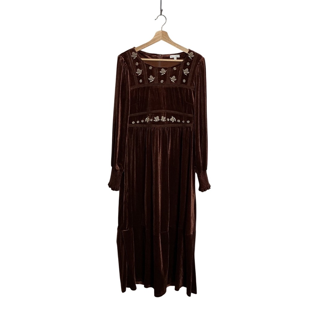 Baltic Born XL Ingrid Chocolate Floral Embellished Velvet Maxi Dress Draped